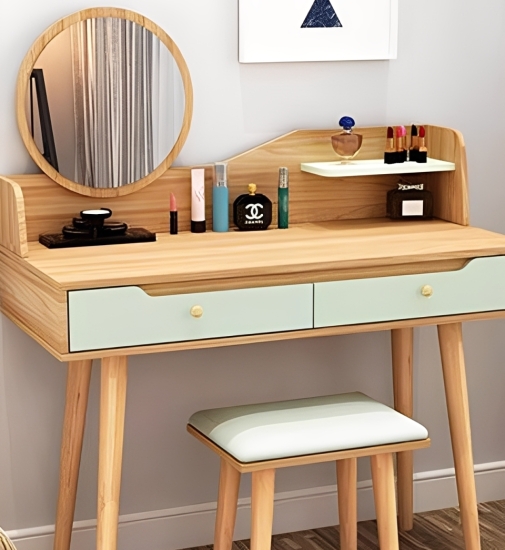 Bàn Phấn Trang Điểm Gỗ Tự Nhiên Gương Tròn